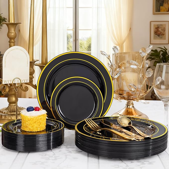 GATHER 350PCS Black Plastic Plates with Gold Rim for Wedding Party | Black and Gold Disposable Dinnerware Set include 100 Plates, 150 Silverware, 50 Napkins, 50 Cups for Birthday Retirement