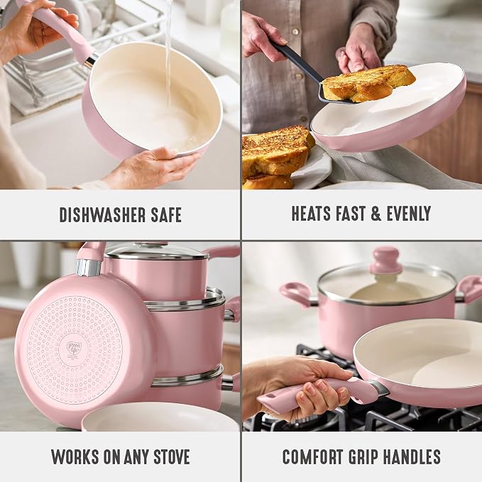 GreenLife 16pc Ceramic Nonstick Pots & Pans Cookware Set, Blush Pink | PFAS-Free Nonstick Coating, Stockpot, Frying Pans, Saucepan, Sauté, Induction Ready, All Stovetop Compatible, Dishwasher Safe