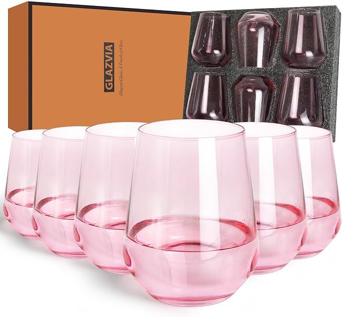 Pink Stemless Wine Glasses Set of 6, 15oz Drinking Glassware Dishwasher Safe, Wine Glass Tumblers for Red or White, Gift for Party, Holiday, Anniversary, Restaurant, Home Bar, Daily Use