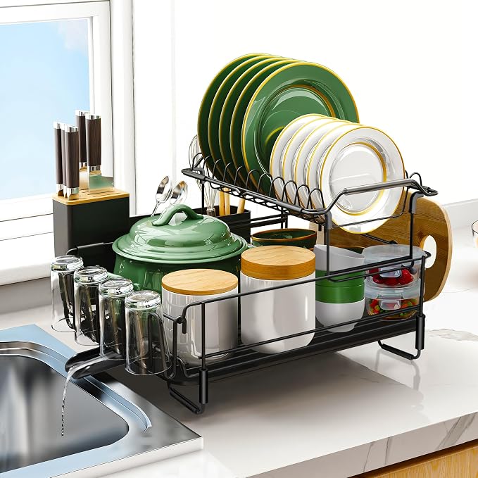 Runnatal Large Dish Drying Rack Stainless Steel Sink for Kitchen | 2 Tier Extendable Stainless Steel Dish Rack Used in Sink & Kitchen Counter, with Drainboard Set & Utensil Holder & Cup Holder