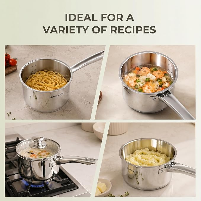 SUNHOUSE 2 QT Stainless Steel Sauce Pan with Lid, Small Pot for Cooking | PFOA-Free Uncoated Milk Pan & Butter Warmer, Mini Saucepan with Impact Bonding Base for Induction, Gas, Electric