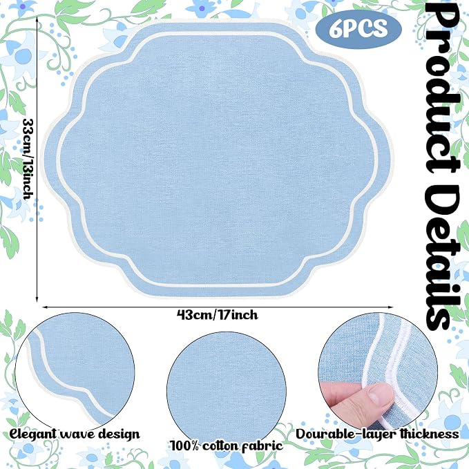 6-Piece Scalloped Embroidered Placemats - 17" x 13" Double-Layered Cotton Table Mats for Wedding, Party & Holiday Decor (Light Blue)