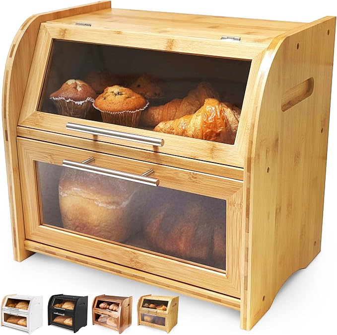 Arise Bamboo Wooden Bread Box for Kitchen Countertop, Extra Large 2-Shelf | Bread Storage Container with Clear Windows & Air Vents, Bread Bin & Keeper, Keeps Bagels, Rolls & Buns Fresh, Self Assembly