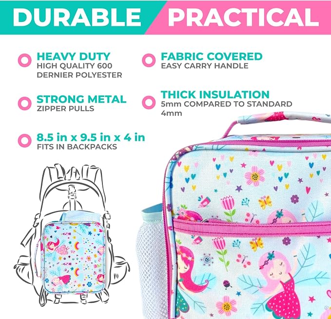 kinsho Bento Lunch Box Set with Thermo, Bag & Ice Pack, Pink Fairy Princess | 5 Compartments, Removable Tray, Small Meal Snack Container Girls Toddlers, Daycare Pre-School Kindergarten, Steel Food Jar