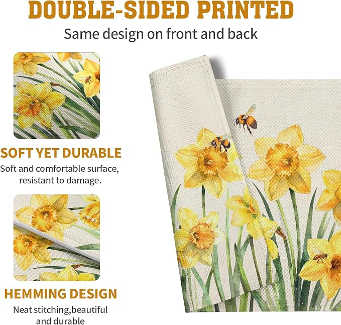 Spring Daffodils Placemats Set of 4 Watercolor Yellow Flower Table Mats Summer Farmhouse Floral Heat Resistant Washable Placemat for Party Kitchen Dining Table Decor Indoor Outdoor 12x18 Inch