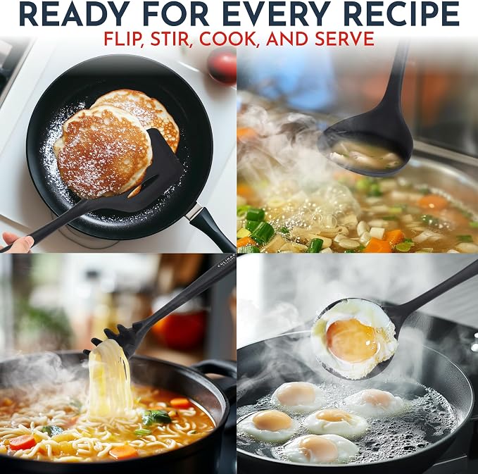 25 PCs Silicone Cooking Utensils Set - Non-Stick Silicone Kitchen Utensils | Black Non-Stick, Heat-Resistant Silicone Kitchen Utensils Set with Stainless Steel Inner Core