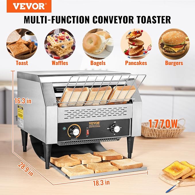 VEVOR 1770W Commercial Conveyor Toaster, 450 Slices per Hour, Heavy Duty Electric Toaster Oven, Food-Grade 304 Stainless Steel Conveyor Belt, Dual Knob Control, for Restaurant Bakery Bread Bagel Bun