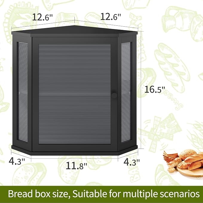 BMOSU Corner Bread Box for Kitchen Countertop Double Layer Bamboo Wooden Bread box Large Capacity Bread Storage Bin(Black, Extra Large)