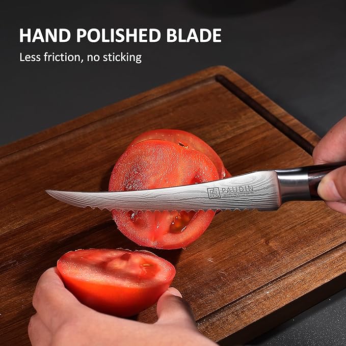 PAUDIN Tomato Knife, 5 inch Serrated Tomato Knife with Sheath | High Carbon Stainless Steel Tomato Slicer Knife for Smooth Cutting Slicing Vegetables and Fruits