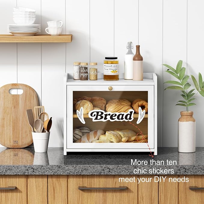 Goozii White Double Layer Bread Box for Kitchen Countertop, 2 Tier Counter Breadbox for Homemade Bread, Large Bread Storage Container Holder Keeper for Sourdough Loaf Storage (Bamboo Wood)
