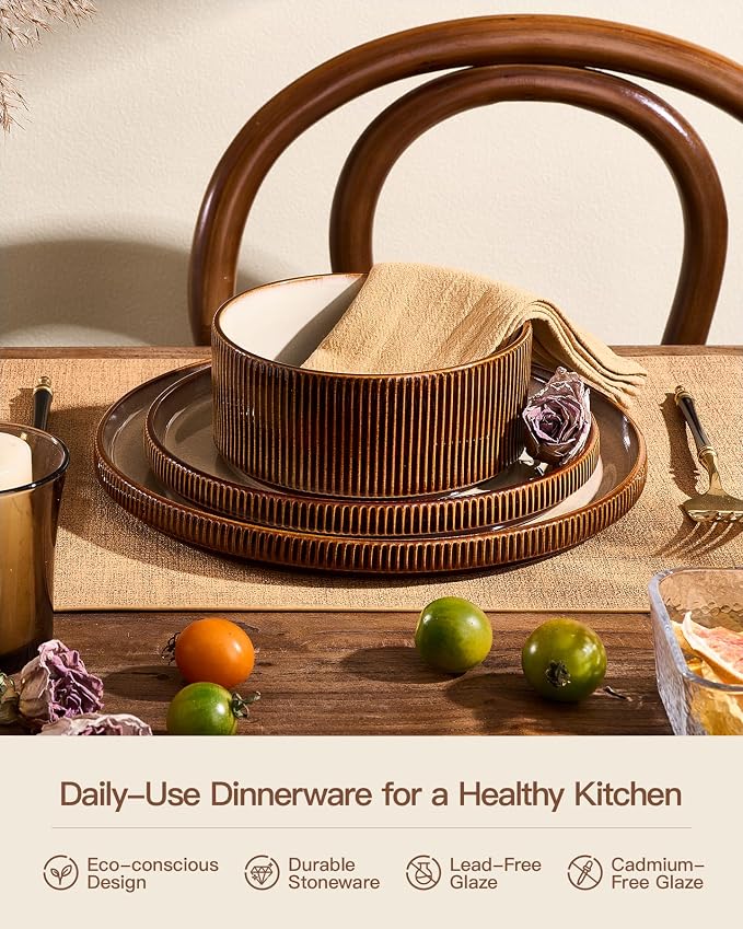 Stoneware Dinnerware Sets, Reactive Glaze Dishes Set for 8 | 24-Piece Handmade Ceramic Plates and Bowls, Microwave & Dishwasher Safe, Chip & Scratch Resistant, Modern Rustic, Cream Brown