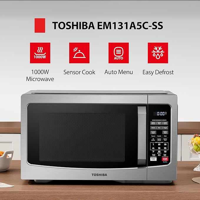 TOSHIBA Countertop Microwave Oven, 1.2 Cu.Ft, 1000W, Stainless Steel | Smart Humidity Sensor, 12 Auto Menus, Mute Function, ECO Mode, Easy Clean Interior