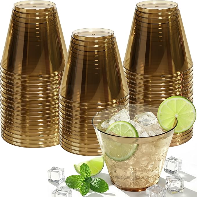 Glowserve 9 OZ Brown Disposable Plastic Cups Cocktail Cup 50 Pack | Fancy Cocktail Cup,Stemless Wine Glass,Wedding Wine Glasses,Graduation Birthday,World Cup,Party Essentials