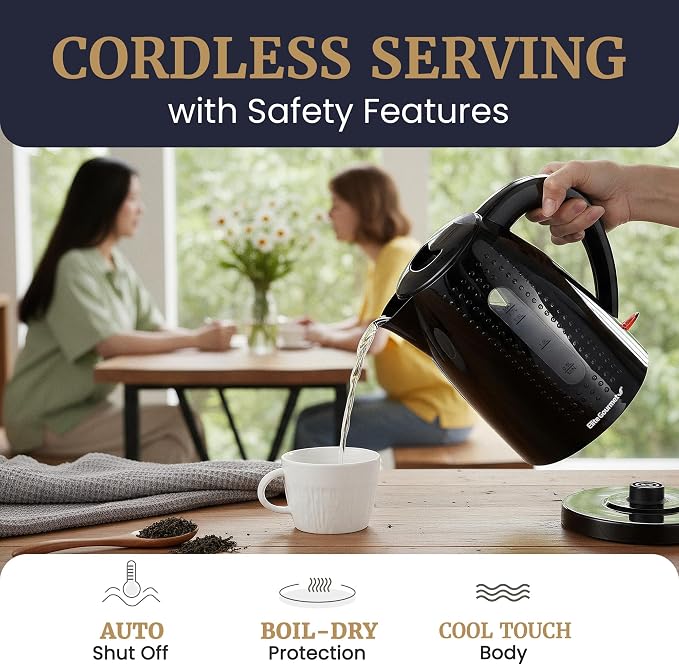 Elite Gourmet EKT5051 1.7L Electric Water Kettle, BPA-Free Fast Boil, Black | Auto Shut-Off, Boil-Dry Protection, 360° Swivel Base Cordless Serving, Clear-View Water Level Window