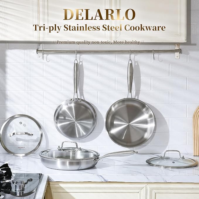 DELARLO Tri-Ply Stainless Steel Pan,18/10, 9" 11" | Nontoxic Durable Oven Safe 800℉ All Cooktops Compatible Fast Even Heat PFOA Free Large Frying Pan Nontoxic Cookware