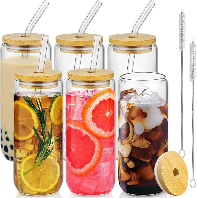 20 Oz Drinking Glasses - 6 Pcs Glass Cups with Bamboo Lids and Straws | Food-grade durable clear tumbler, Coffee bar accessories, Aesthetic gift, For beer, Iced tea, Include 2 cleaning brushes