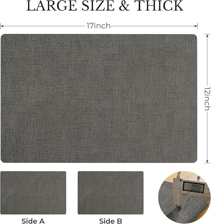 Romanstile Vinyl Placemats Set of 6, Reversible Faux Leather Heat Resistant Wipeable Table Mats, Waterproof Washable Non-Slip Table Placemats for Dining/Kitchen/Party/Outdoor (Dark Gray, 12" x 17")