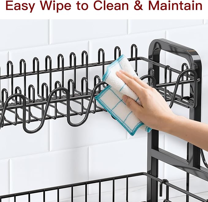 2 Tier Black Stainless Steel Dish Drying Rack for Kitchen Counter | Large Capacity Dish Drainer with Drainboard, Cup & Utensil Holder, Space Saving Rustproof Metal Plate Rack, Fast Drain