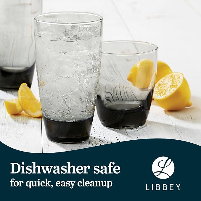 Libbey Classic Tumbler & Rocks Drinking Glasses Set of 16, Clear Glass Cups | 18 oz and 13 oz Capacities for Water, Soda, Cocktails, and More with Smoke-Tinted Bases and Dishwasher-Safe Cleanup