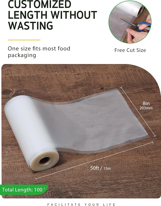 Syntus 2 Rolls 8" x 50' Vacuum Sealer Bags, BPA Free for Food Storage | 4mil Thick, Custom Length, Keep Food Fresh Longer, Freezer Microwave Sous Vide Cooking, Works with Most Vacuum Sealers
