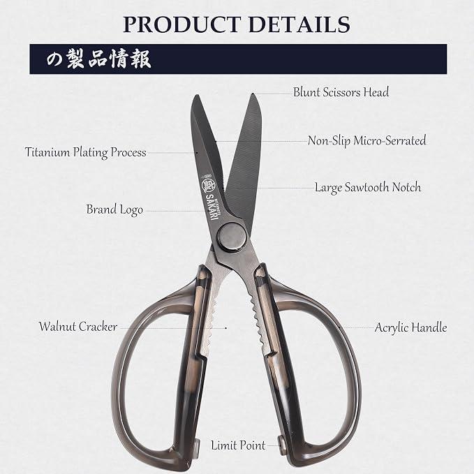 MITSUMOTO SAKARI Detachable Poultry Shears, Clear Acrylic Handle | Titanium-plated 1.4116 stainless steel blades, detachable design, clear acrylic handle for meat, fish, nuts and vegetables
