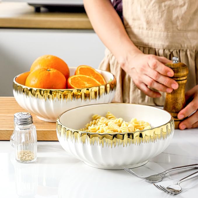 LETAOTAO Serving Bowls, 8 inch Large Salad Bowls, Ceramic Bowl Set of 2 White Bowl with Gold Trim, Kitchen Decorative Bowls Set for Kitchen, Salad, Soup, Pasta and Dinner(60 oz)