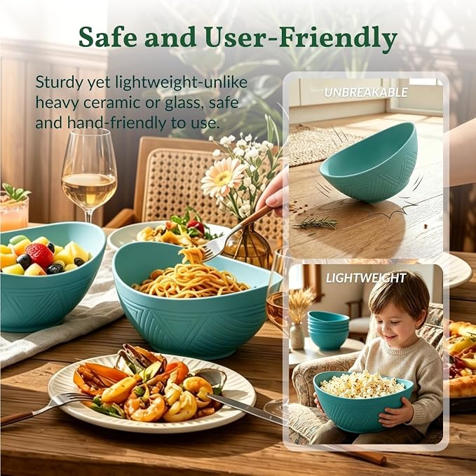 Salad Bowls 6 PCS Wheat Straw Bowls - 60oz Large Serving Bowl - Microwave and Dishwasher Safe Centerpiece Bowl Big Soup Bowl for Kitchen, Camping, Picnic, Party, Popcorn Bowl Set - Green