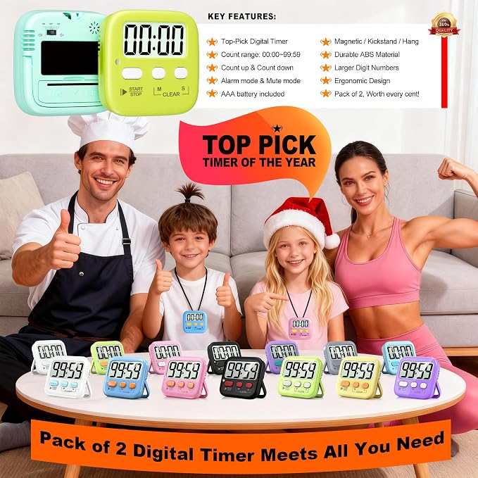 2 Pack Digital Timer for Kids Classroom Kitchen Timers for Cooking | w/ Battery, Easy to View, Alarm, Mute Mode, Count Down/Up, Magnetic, Kickstand, Hanging, Classroom Timer for Teacher Supplies
