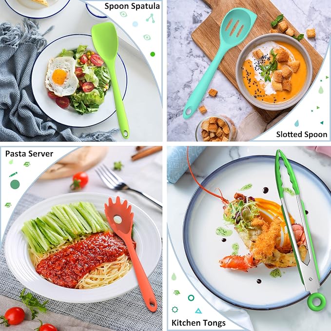 Silicone Kitchen Utensils Set, 16-Piece Silicone Cooking Utensils by Deedro | Heat Resistant Kitchen Tools Set with Holder, Nonstick Spatula Kitchen Gadgets for Cooking & Baking, Colorful