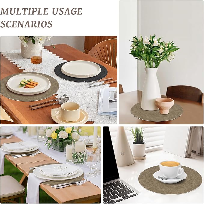 NCUE 13" Faux Leather Round Placemats Set of 6, Reversible Dual-Color | With 3.9" Coasters, 2 mm Vinyl Table Mats, Waterproof Wipeable Heat Resistant, Non-Slip Texture, for Dinner Party Home Decor