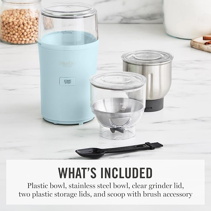 Martha Stewart Electric Coffee & Spice Grinder with Dual Bowls, Sky Blue | Dual 2.5oz Removable Bowls for Coffee Beans, Nuts, Herbs & Spices, Stainless Steel Blade, One-Touch Pulse Control, Easy Clean