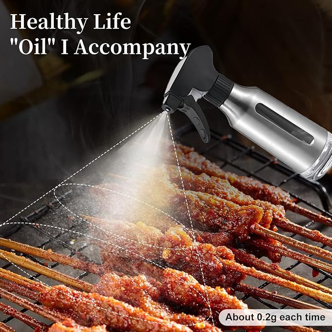 Oil Sprayer for Cooking,Stainless Steel Olive Oil Mister for Air Fryer Black Nozzel Dispenser Bottles Fat Reduction Glass Oil Control Spray Pot 6.35oz(180ml) Capacity