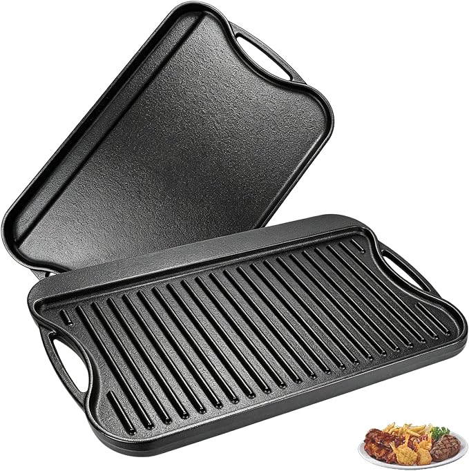 2 in 1 Reversible Cast Iron Griddle for Gas Grill, Flat Top Grill Pan for Gas Stove, Pre-Seasoned Oven Top pan,Upgrade Double Burner Griddle for Indoor & Outdoor Cooking Accessories, 17" X 10"
