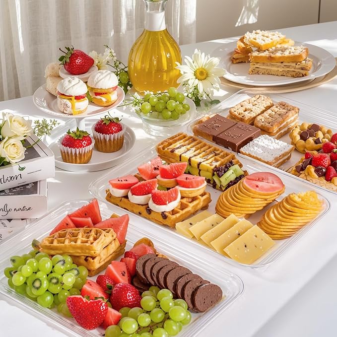 SUT 6-Pack Clear Serving Trays for Entertaining-16 x 11" Serving Platters for Snacks, Fruit, Cookies, Dessert, Reusable Plastic Trays for Serving Food and Party Organization in Kitchen & for Parties