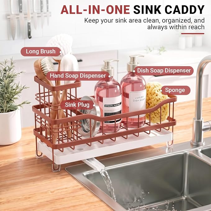 Sink Caddy, Sponge Holder for Kitchen Sink, Brown | Self-draining Sink Organizer with Removable Brush Holder, Metal Sponge Rack for Countertop, Fits Soap Dispenser & Scrubber