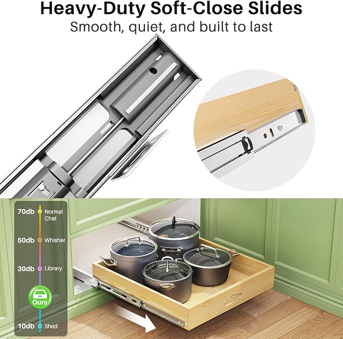 Pull Out Cabinet Organizer, Soft Close Wooden Slide Out Drawers for Pots and Pans, Full-extension Roll Out Shelves for Kitchen Cabinets, Pantry Organization, Bottom & Side Mount(12"W X 21"D x 3.4''H)