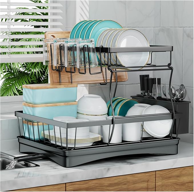 7 code 2-Tier Large Dish Drying Rack for Kitchen Counter, Black | Detachable Large Capacity Dish Drainer Organizer with Auto Drain, Anti-Rust Dish Rack with Cup & Utensil Holders