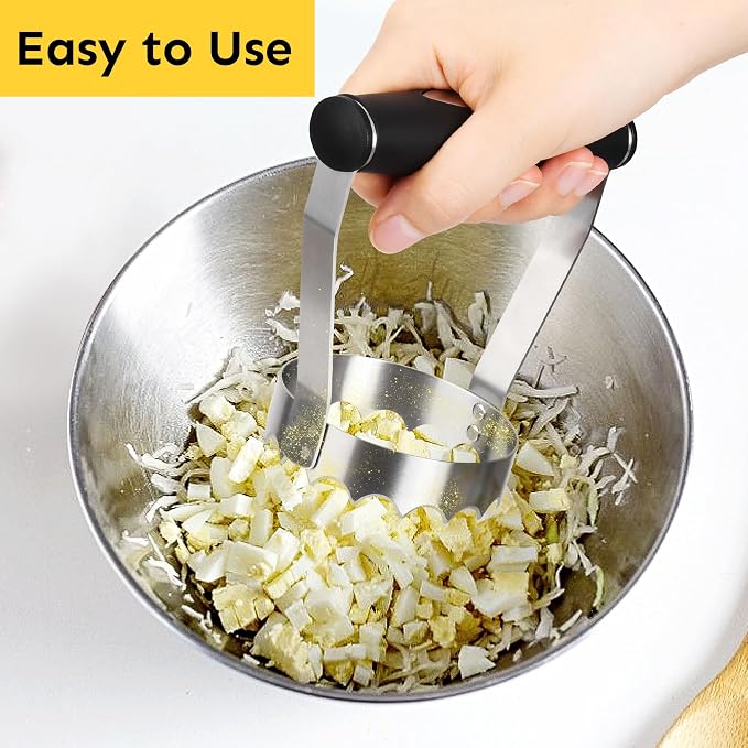 HULISEN Serrated Food Chopper Manual Hand, 3" Stainless Steel Hand Chopper | Ergonomic Rubber Handle, Chops Egg Nut Collard Tuna Salad & Ground Beef, Dishwasher Safe