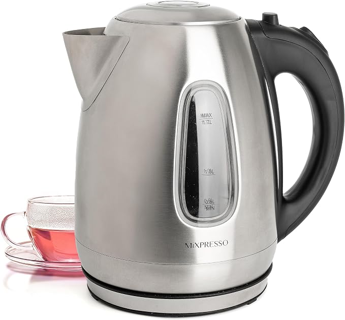 Mixpresso 1.7 Liter Stainless Steel Electric Kettle | Large, portable hot water tea kettle, fast boiling pot, boil-dry protection, auto shut-off, blue Illuminate LED light