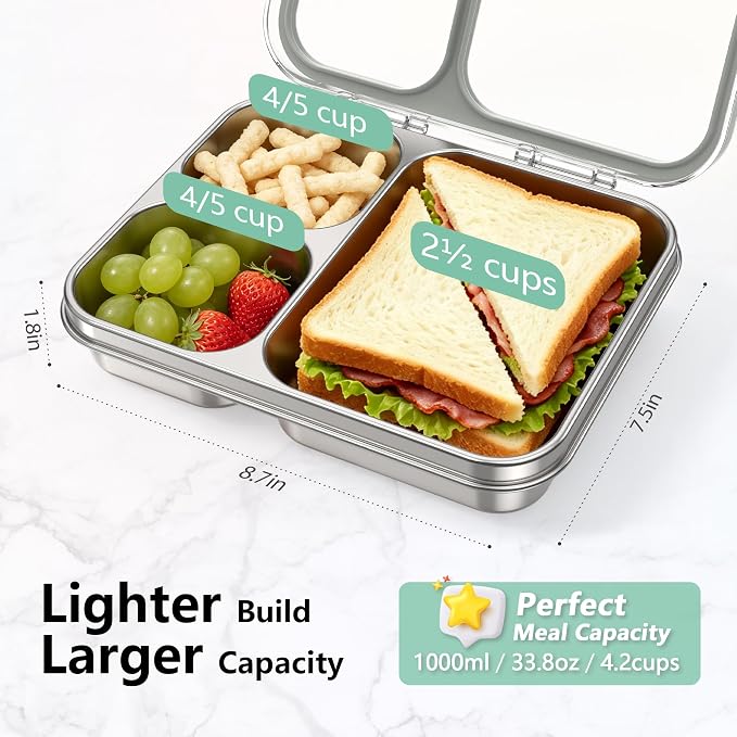 HOMEKOL Stainless Steel Bento Lunch Box 3-Compartment, 4.2Cups, Grey | Leak-Proof Metal Lunch Container for Kids & Adults, BPA-Free, Dishwasher Safe, Clear Tritan Lid, 1000ml (Not Insulated)
