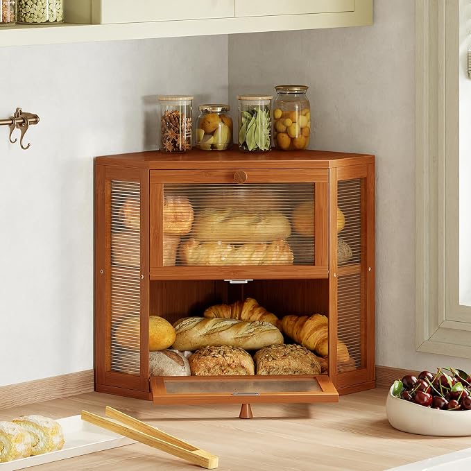WOWLIVE Double Layer Corner Bread Box for Kitchen Countertop with 2 Doors | Bamboo Bread Storage Container, Large Farmhouse Breadbox with Acrylic Wavy Door, Under Cabinet Organizer, Caramel, Medium
