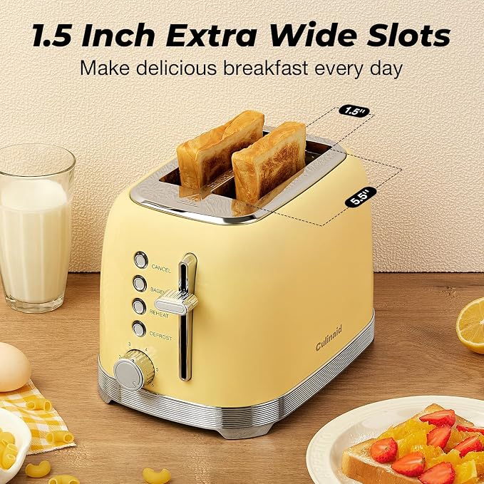 Toaster 2 Slice Retro Stainless Steel, Yellow | 1.5” Extra Wide Slots with Bagel, Defrost, Reheat, Cancel Functions, 6 Bread Shade Settings, Removable Crumb Tray