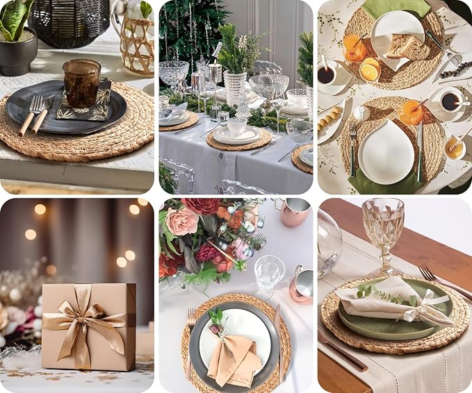 Aofmee 12 inch Round Woven Placemats Set of 6, Boho Rattan Place Mats, Natural Water Hyacinth Table Placemats, Farmhouse Weave Table Mats, Rustic Braided Wicker Charger Plates for Dining Table Decor