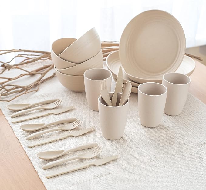 FOODLE Wheat Straw Dinnerware Set - Picnic, Camping Plates Cups and Bowls | BPA-Free & Safety Tested - Microwave & Dishwasher Safe - College Dorm Unbreakable Dishes - Great for Kids & Adults - For 4