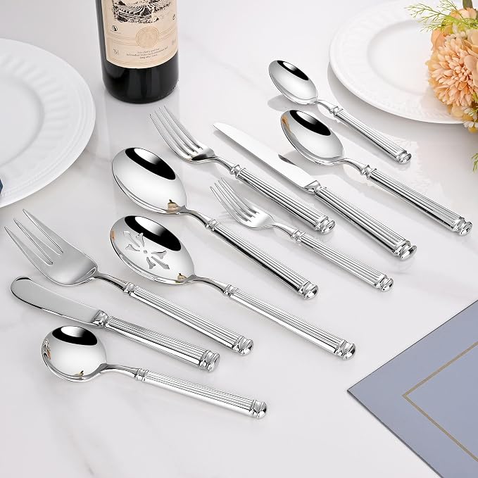 65-Piece Heavy Duty Silverware Set for 12, 18/10 Stainless Steel Forged Flatware Set, Flatware Set with Serving Utensil, Extra Thick Heavy Weight, Ideal for Gift