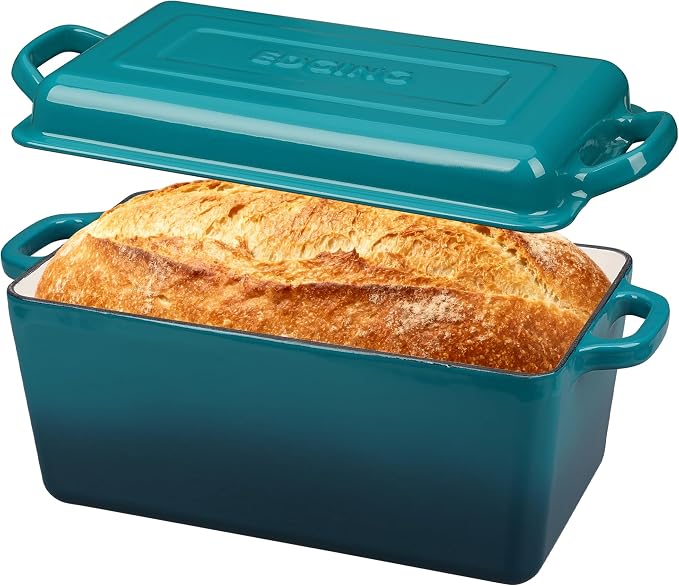 EDGING CASTING Enameled Cast Iron Dutch Oven, Oblong Bread Oven for Sourdough Bread Baking, Baking Pan, Dual Handles, Oven Safe, 4 Quart, Darkcyan
