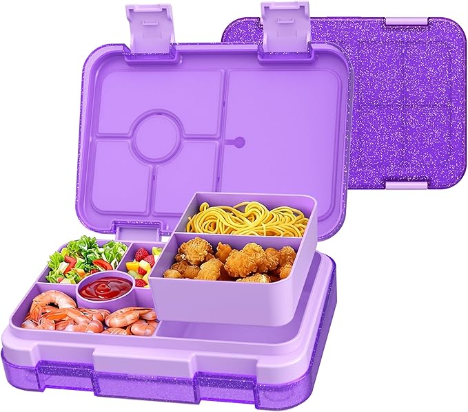 Bento Lunch Box, Snack Bento Lunch Containers Boxes, Shiny Purple | 5/6 Compartments, 3 Cups BPA Free, Dishwasher Safe, for Kids, Back to School, On-the-Go Meal, Ages 3+, School