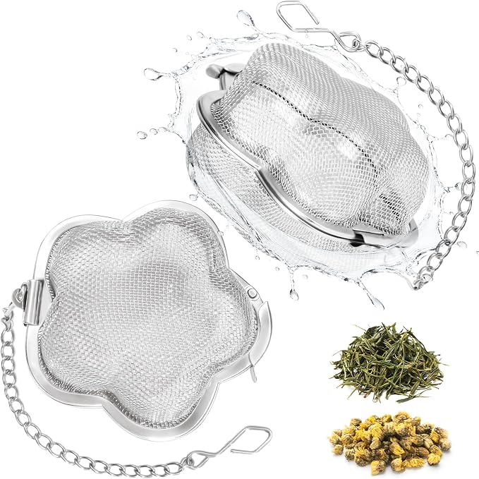 2 Pack Tea Infuser for loose tea，2.3 inch Flower Design Stainless Steel Tea Ball，Fine Mesh Tea Strainer with Extended Chain Hook for Brew Tea, Spices & Seasonings