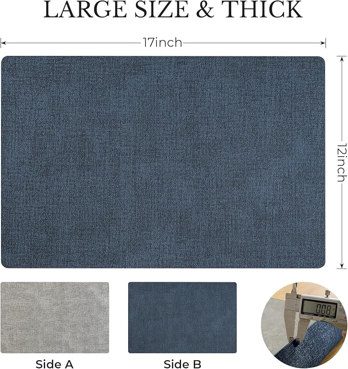 Romanstile Vinyl Placemats Set of 4, Reversible Faux Leather Heat Resistant Wipeable Table Mats, Waterproof Washable Non-Slip Table Placemats for Dining/Kitchen/Outdoor (Grey Nave Blue, 12" x 17")