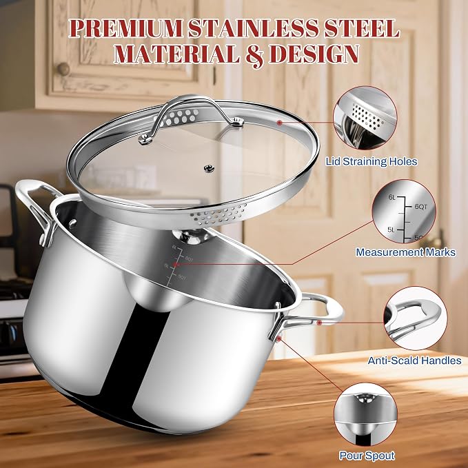 AOSION 6 Quart Stainless Steel Stock Pot with Deep Fryer Basket.